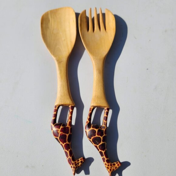 New Hand Carved Wood Giraffe Fork Spoon Serving Set Safari African Folk Art Home - Picture 2 of 13